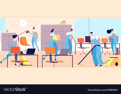 Cleaning Workers In Office Cartoon Woman Clean Vector Image