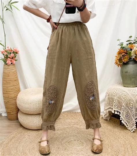 2021 japan style mori girl embroidery stitching lace casual pants women loose cotton and linen