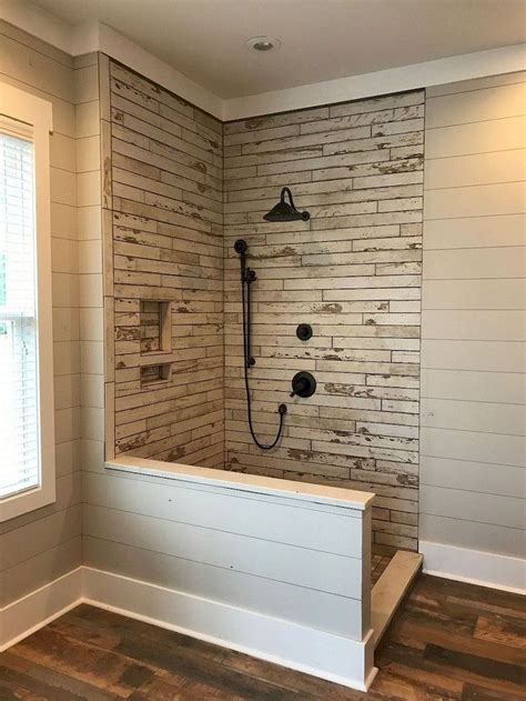 65 Awesome Farmhouse Bathroom Tile Floor Decor Ideas Farmhouse Shower Shower