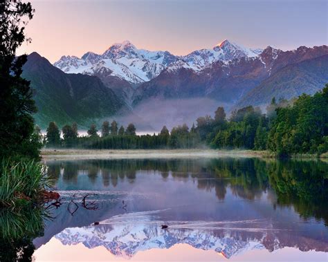 Wallpaper New Zealand Morning Scenery Mountains Lake Forest Water