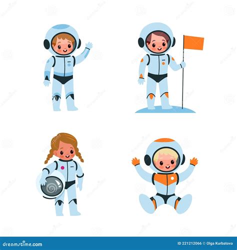 Kids Astronauts Cartoon Boys And Girls In Spacesuits Children Explore