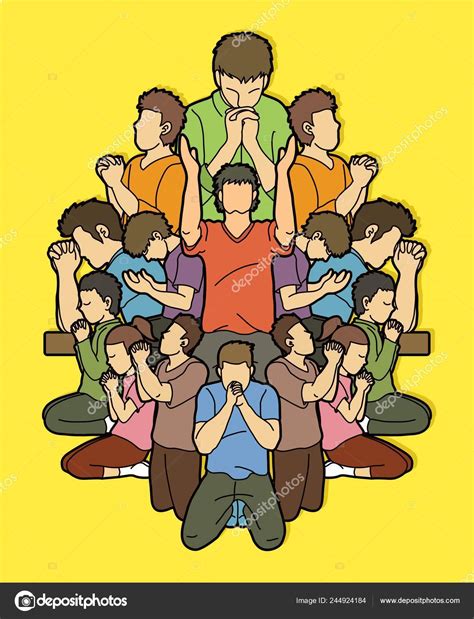 Group People Pray God Prayer Praise Lord Double Exposure Cartoon Stock