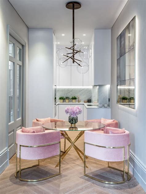 Glam Dining Room With Pink Velvet Dining Chairs Via One Point Six Glam