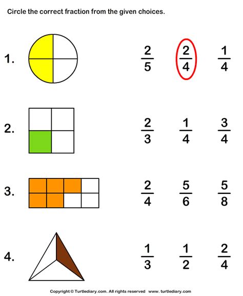 Circle Correct Fraction Representing Shaded Part Turtle Diary Worksheet