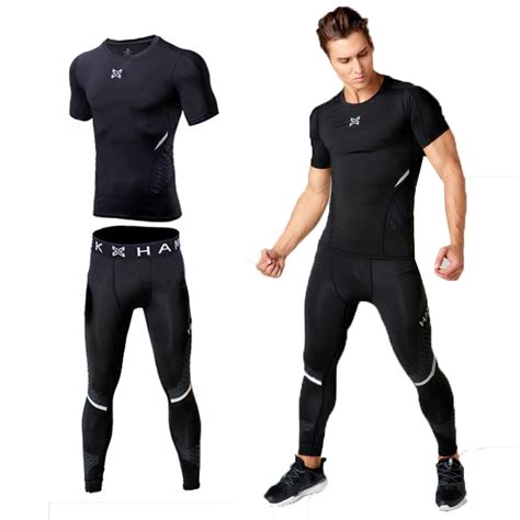 Men workout clothes stretch quick dry compression tights sport running ...