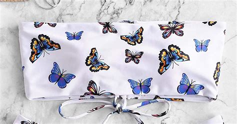 Zaful Bandeau Bikini Swimwear Butterfly Print Lace Up Swimsuit ~ One
