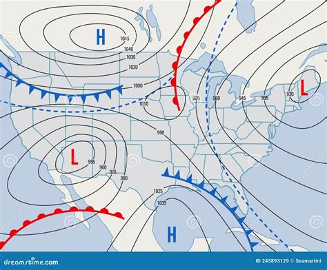 Forecast Weather Isobar Map Usa State Meteorology Stock Vector