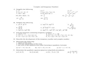 Learn about imaginary numbers, complex numbers, a + bi forms, and. Complex and Imaginary Numbers 11th - 12th Grade Worksheet ...