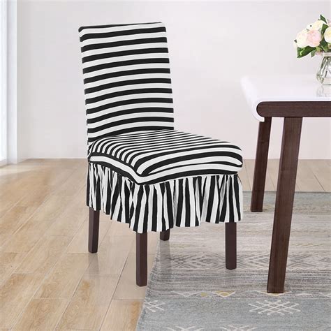 Pleated Black White Stripes Ruffled Stretch Removable Washable Dining