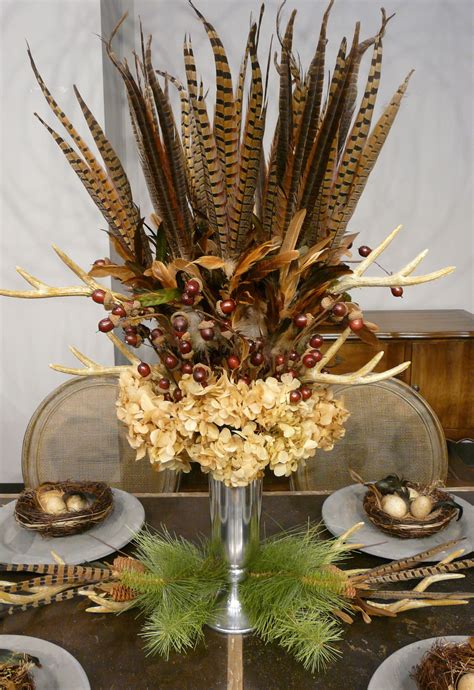 Fall Floral Arrangement With Feathers Antler Stems Acorn Stems And