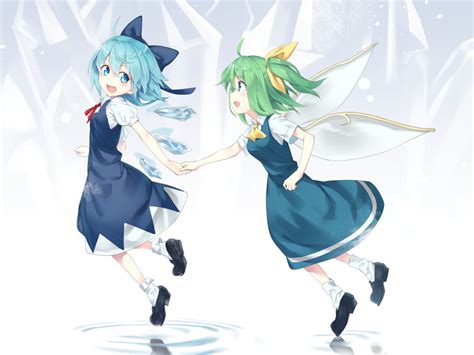 2girls Aqua Eyes Aqua Hair Asutora Bow Cirno Daiyousei Dress Fairy