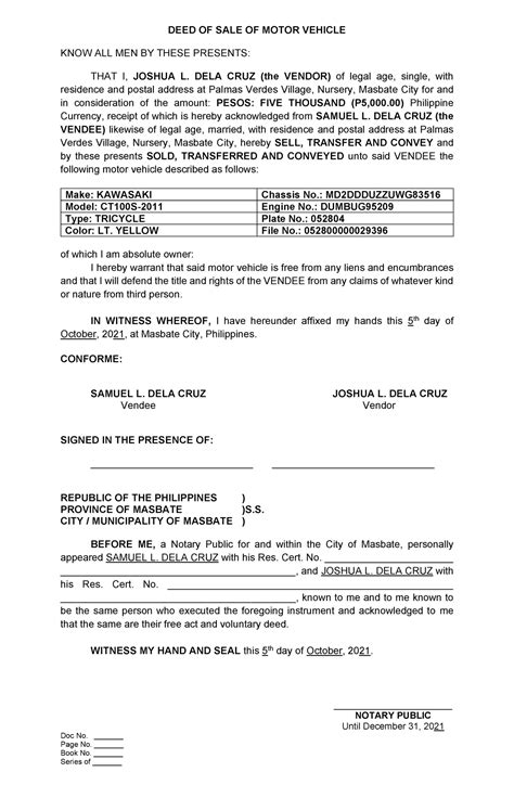 Sample Deed Of Sale For Motor Vehicle