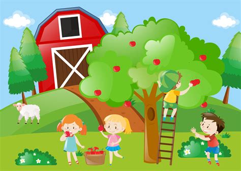 Children Picking The Apples From The Tree 369050 Vector Art At Vecteezy
