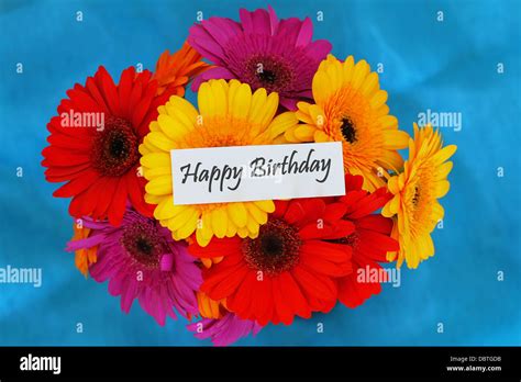 Happy Birthday Card With Colorful Gerbera Daisies Bouquet Stock Photo