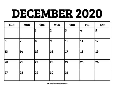 December 2020 Calendar Printable Calendar Options