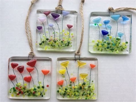 Fused glass flowers with oak stands | etsy. Handmade Fused Glass Spring Flowers Sun Light Catcher ...