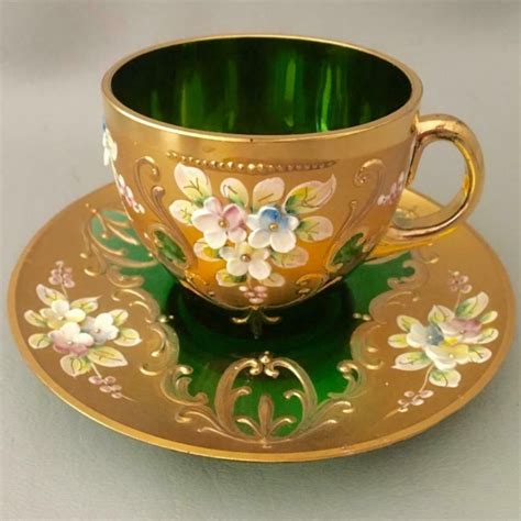 Vtg Czech Bohemian Gold Gilt Flower Green Glass Tea Coffee Cup And Saucers Set Ebay In 2020
