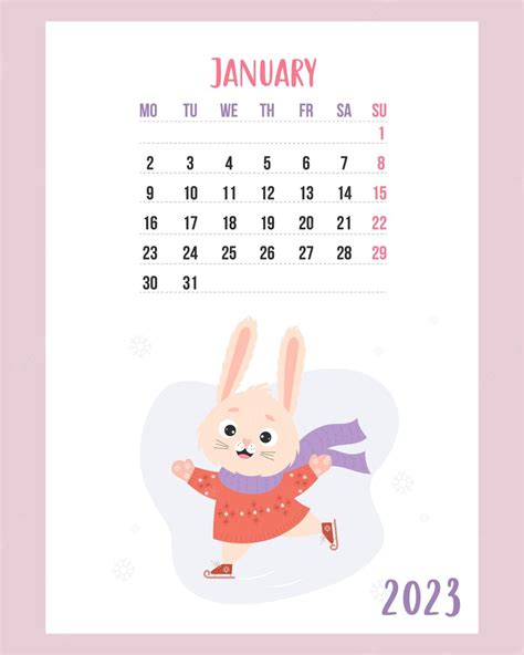 Premium Vector January 2023 Calendar Bunny In Knitted Clothes Is