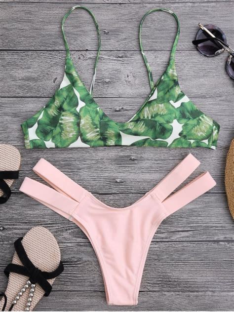 Palm Tree Bikini Top And Bandage Swim Bottoms Shallow Pink Bikinis S