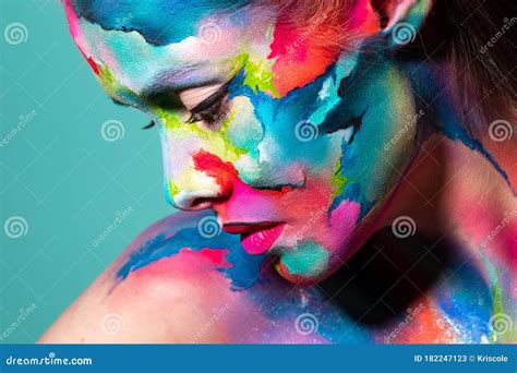 Fashion And Creative Makeup Young Beautiful Woman Abstract Face Art