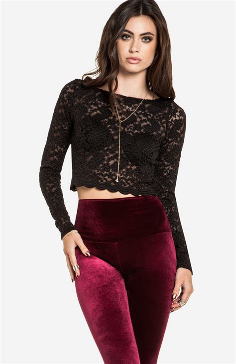 Full Lace Long Sleeve Crop Top In Black Dailylook