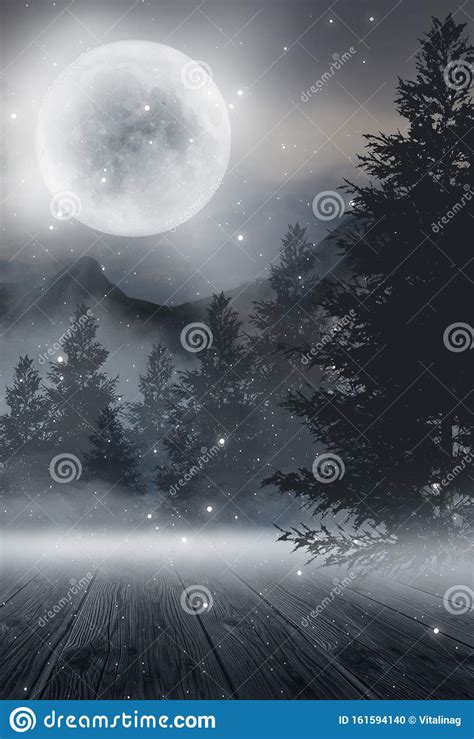 Dark Forest Gloomy Dark Scene With Trees Big Moon Moonlight Smoke