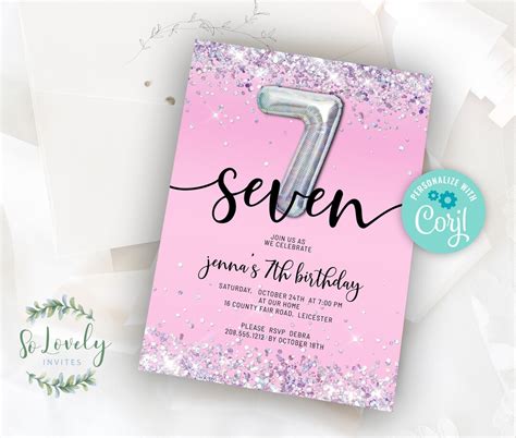 Pink And Silver Glitter 7th Birthday Invitation Edit Yourself Birthday