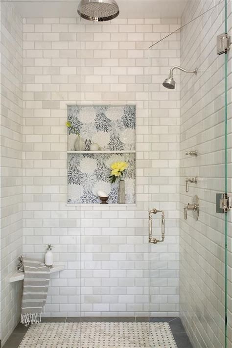 White And Blue Mosaic Peony Pattern Shower Accent Tiles Transitional