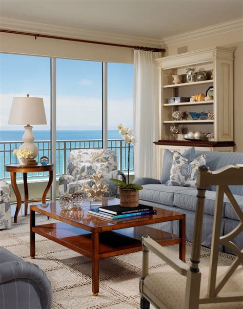 Casual Ocean Front Living Room In Shades Of Blue And White Great Room