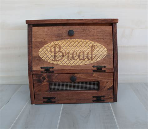 Farmhouse Bread Box Vegetable Bin Rustic Wooden Engraved Storage Wood