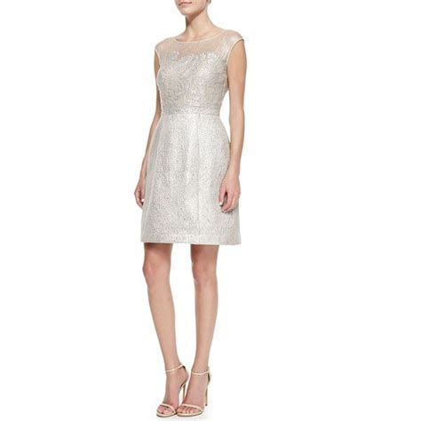 Kay Unger New York Womens Damask Illusion Cocktail Dress Champagne