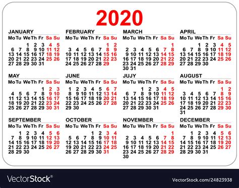 2020 Year Calendar Grid Numbers Isolated On White Vector Image