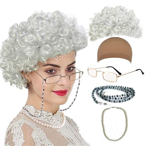mrs clause wig old lady costume characters set for women madea granny glass faux pearl beads