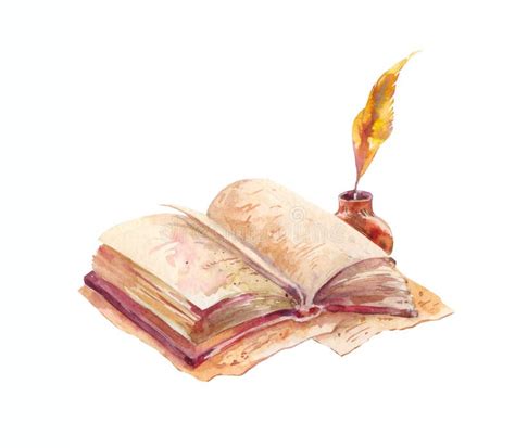 Watercolor Open Book With Pen And Ink In Old Vintage Style Isolated On