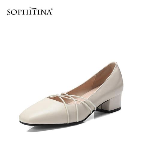 Sophitina Concise Pumps Handmade 4cm Low Square Heels Genuine Leather