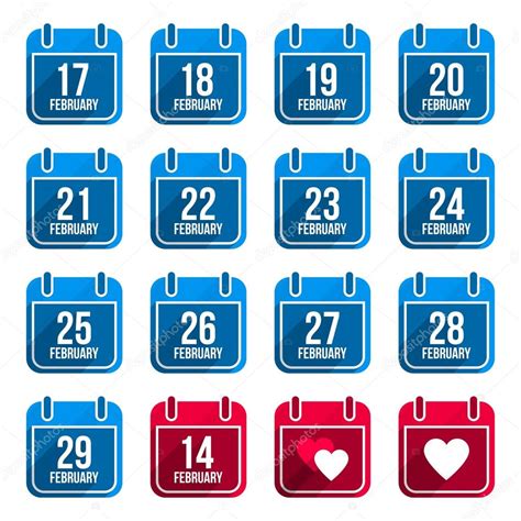 February Vector Flat Calendar Icons With Long Shadow Calendar Days Of
