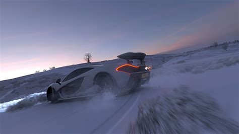 Wallpaper Forza Horizon 4 Mclaren P1 Drift Snow Clear Sky