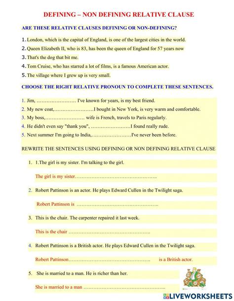 Defining And Non Defining Relative Clause Interactive Worksheet Live