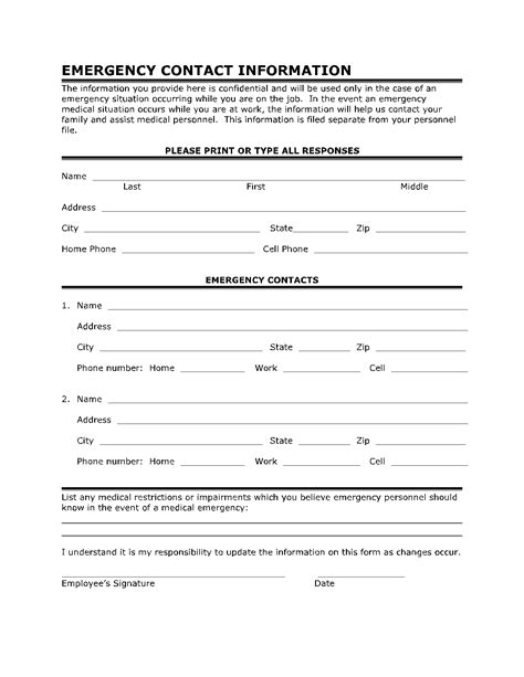 Emergency Contact Printable Form
