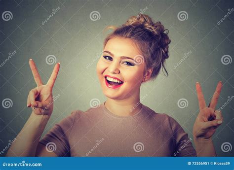 Happy Woman Showing Victory Or Peace Sign Gesture Stock Image Image