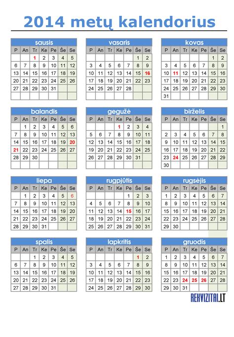 Kalendoriaus šablonas 2014 Metams Rekvizitailt