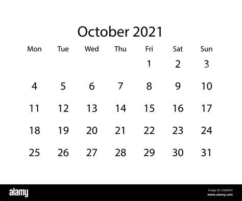 Calendario Vectorial Para El Mes De Octubre De 2021 Sobre Fondo Blanco
