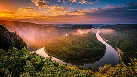 Aerial View Of Germany Forest And River During Sunset Hd Nature