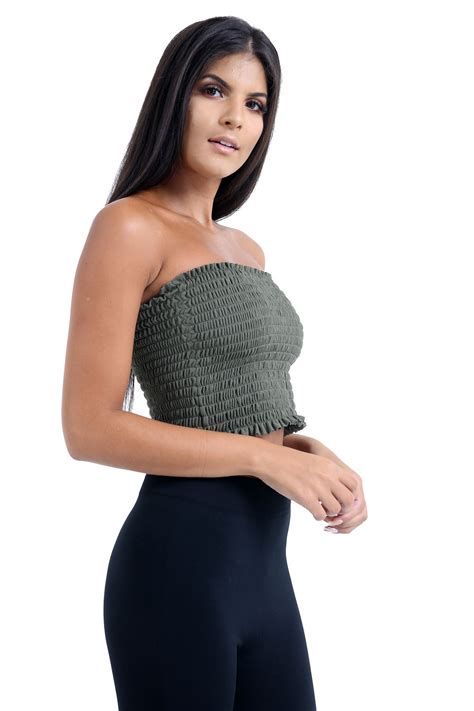 new ladies boobtube bandeau strapless ruched sheering gathered shirred crop top ebay