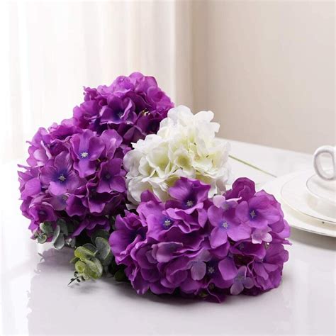 hydrangea silk flowers purple heads with stems pack of 10 full etsy