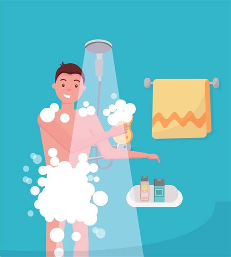 Young Man Taking Shower In Bathroom Guy Washing Himself With Washcloth Morning Hygiene Vector