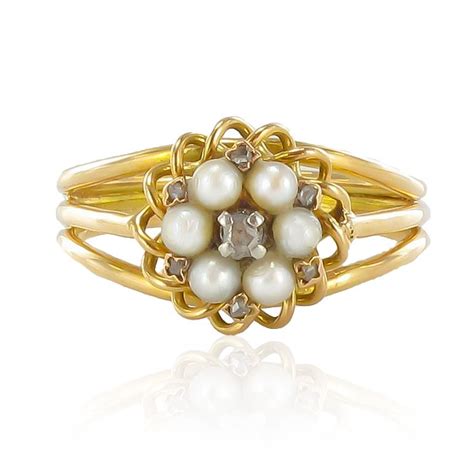 Sublime ancienne bague gros diamant en rose, or, argent, à voir. Bague vintage or jaune perles fines diamants - Bijouxbaume