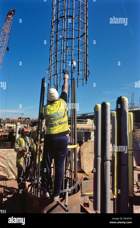 Lowering A Reinforcement Cage Into A Bored Pile On A Bridge Foundation