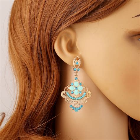 Blue Rhinestone Bridesmaid Jewelry Chandelier Turquoise Earrings