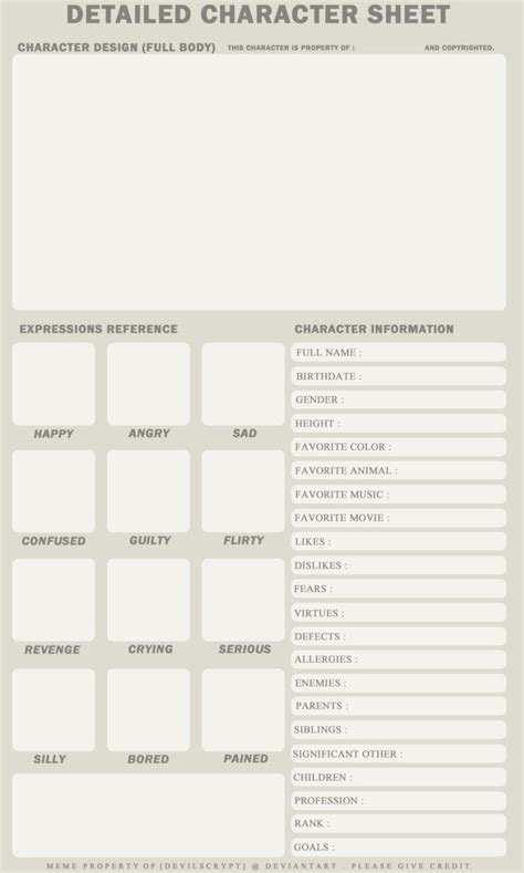 Detailed Character Sheet For Character Development